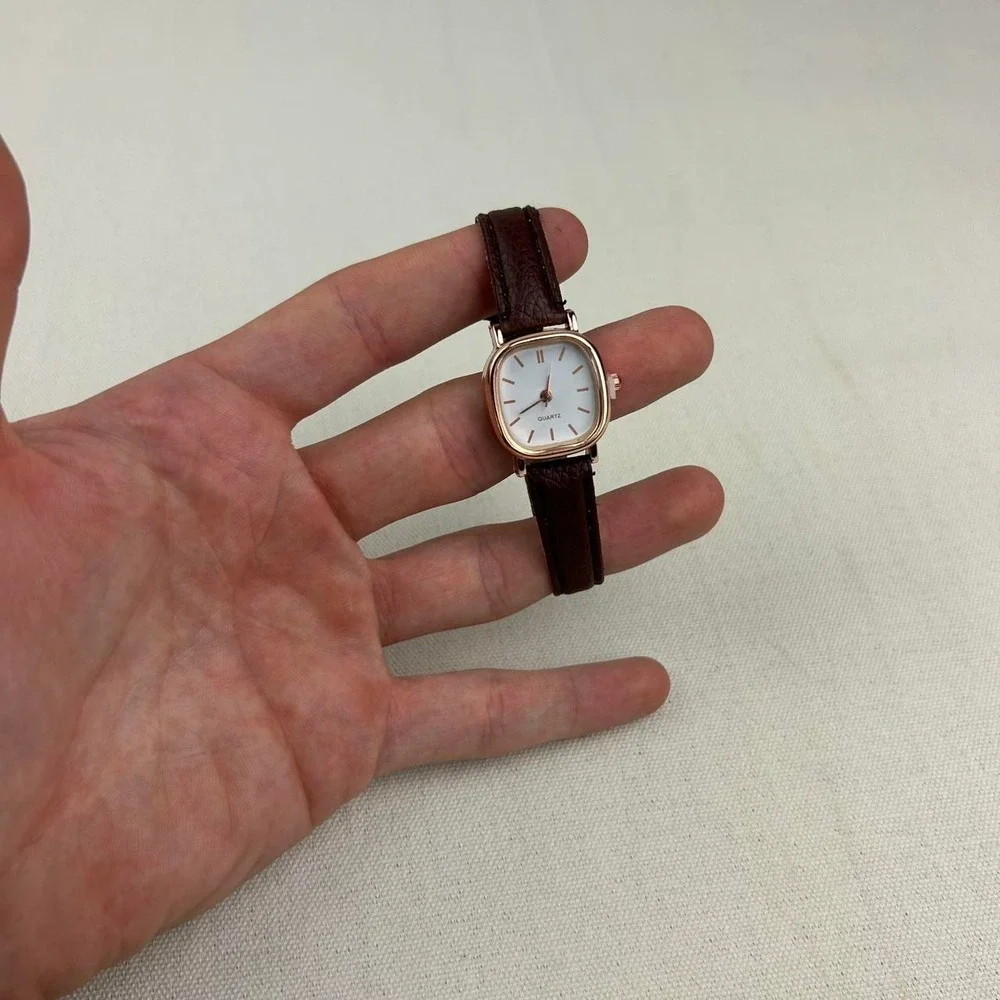 Minimalistic vintage style miniature watch square quartz brown and gold